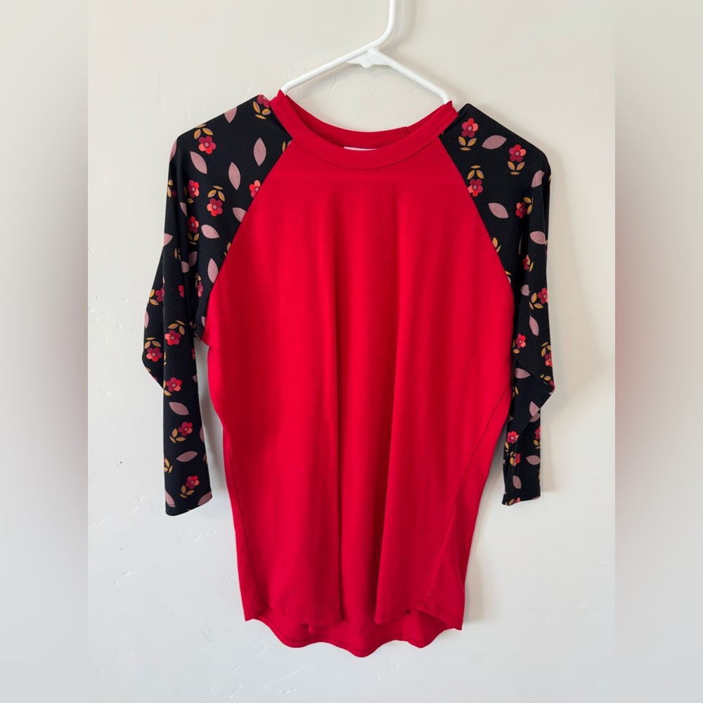 LuLaRoe Red Top with Floral Black Sleeves